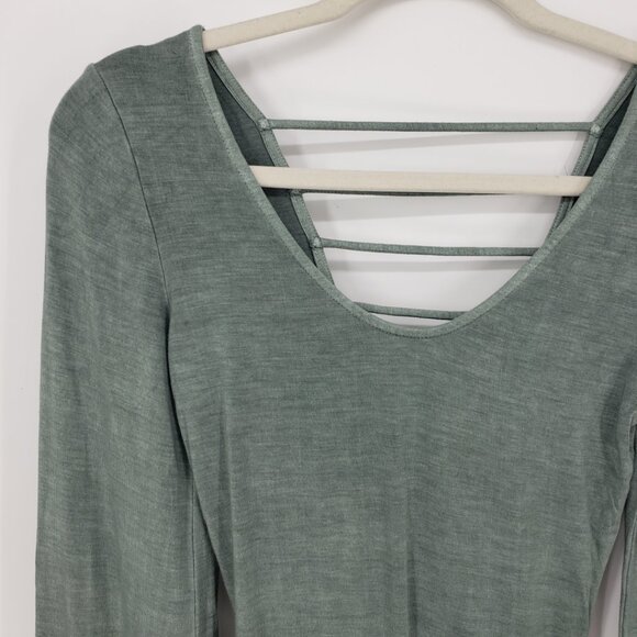 3/$25 American Eagle Long Flare Sleeve Bodysuit S Scoop Neck Strappy Sage Green - Picture 3 of 10